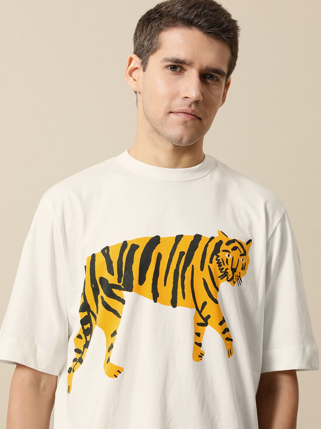 

Mr Bowerbird Men Pure Cotton Liberal Fit Tiger Printed T-shirt, White