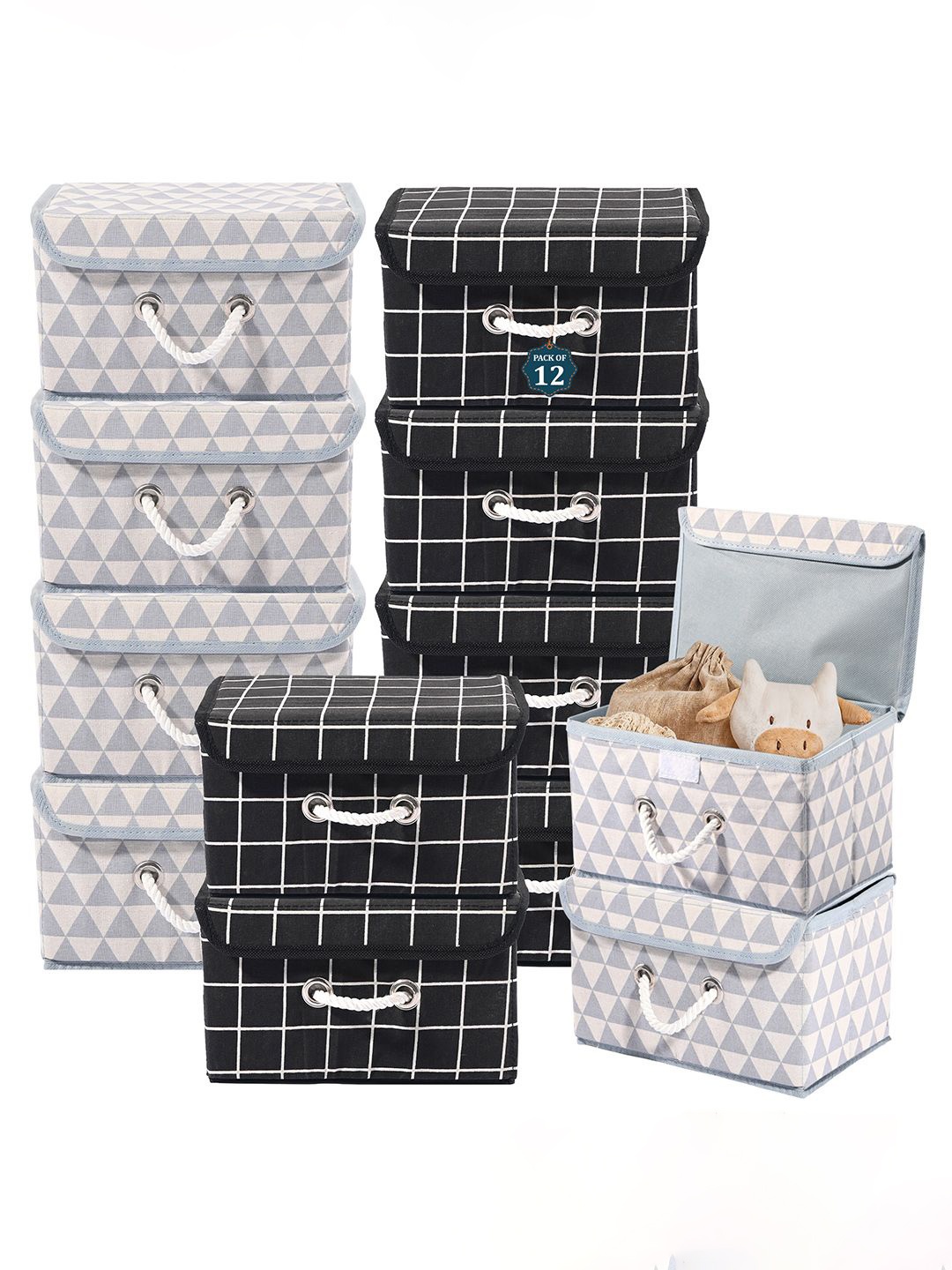 

Kuber Industries Grey Set of 12 Reusable Drawer Organiser Printed Storage Basket