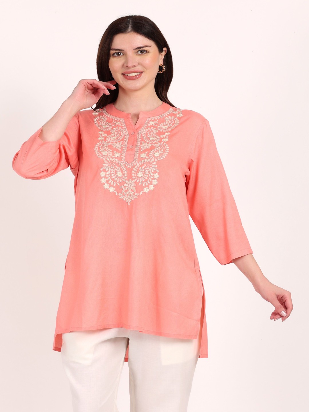 

Yadya Threads Ethnic Motifs Embroidered Mandarin Collar High-Low Kurti, Peach