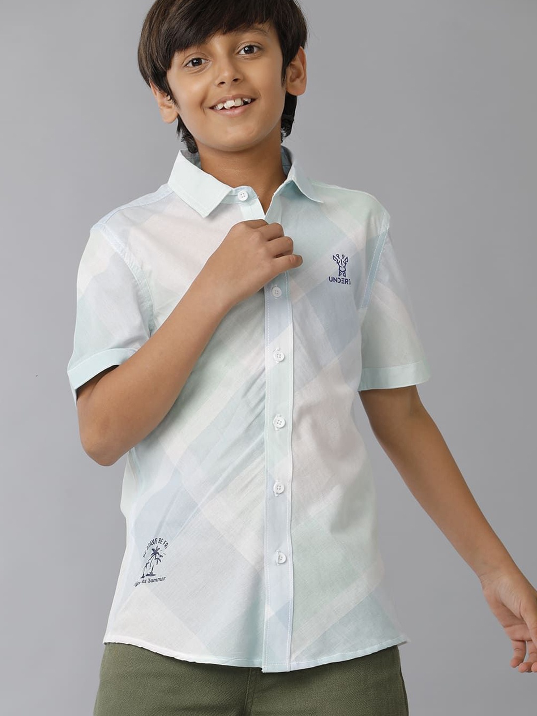 

UNDER FOURTEEN ONLY Boys Spread Collar Checked Cotton Casual Shirt, White