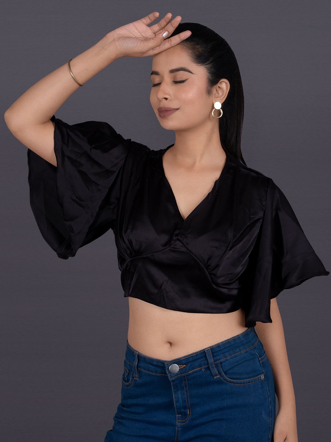 

La Aimee Women Satin Blouson Crop Top, Black