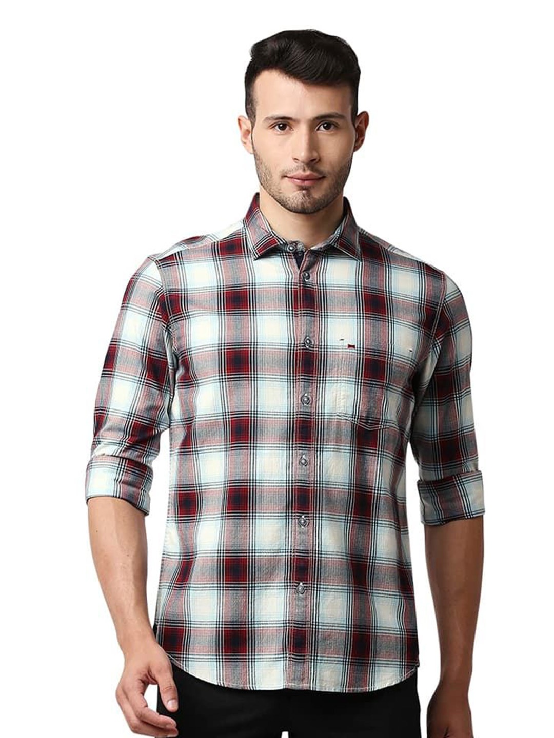 

Basics Men Slim Fit Spread Collar Tartan Checked Cotton Casual Shirt, Red