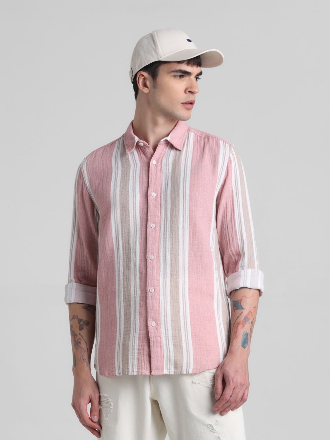 

Jack & Jones Men Spread Collar Multi Striped Relaxed Fit Cotton Casual Shirt, Pink