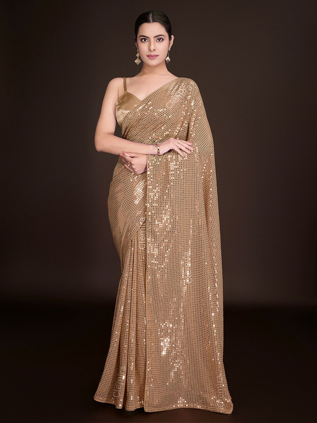 

FashionsEye Embellished Sequinned Georgette Saree, Beige