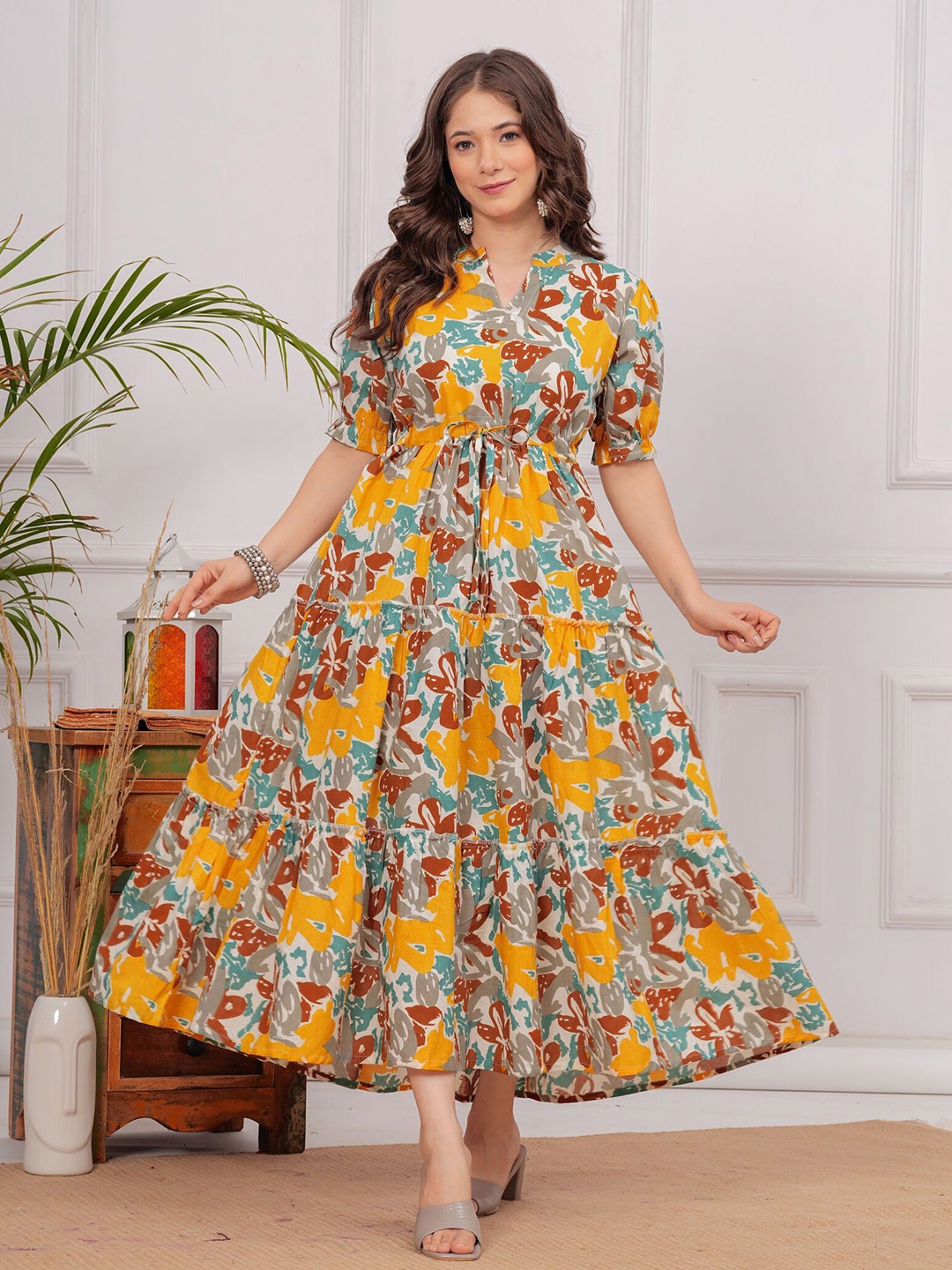 

SITA FASHION HUB Women Cotton Floral Printed Fit & Flare Maxi Dress, Yellow