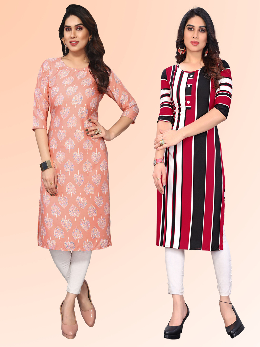 

KETAKI FASHION Selection of 2 Floral Printed Round Neck Straight Kurtas, Peach