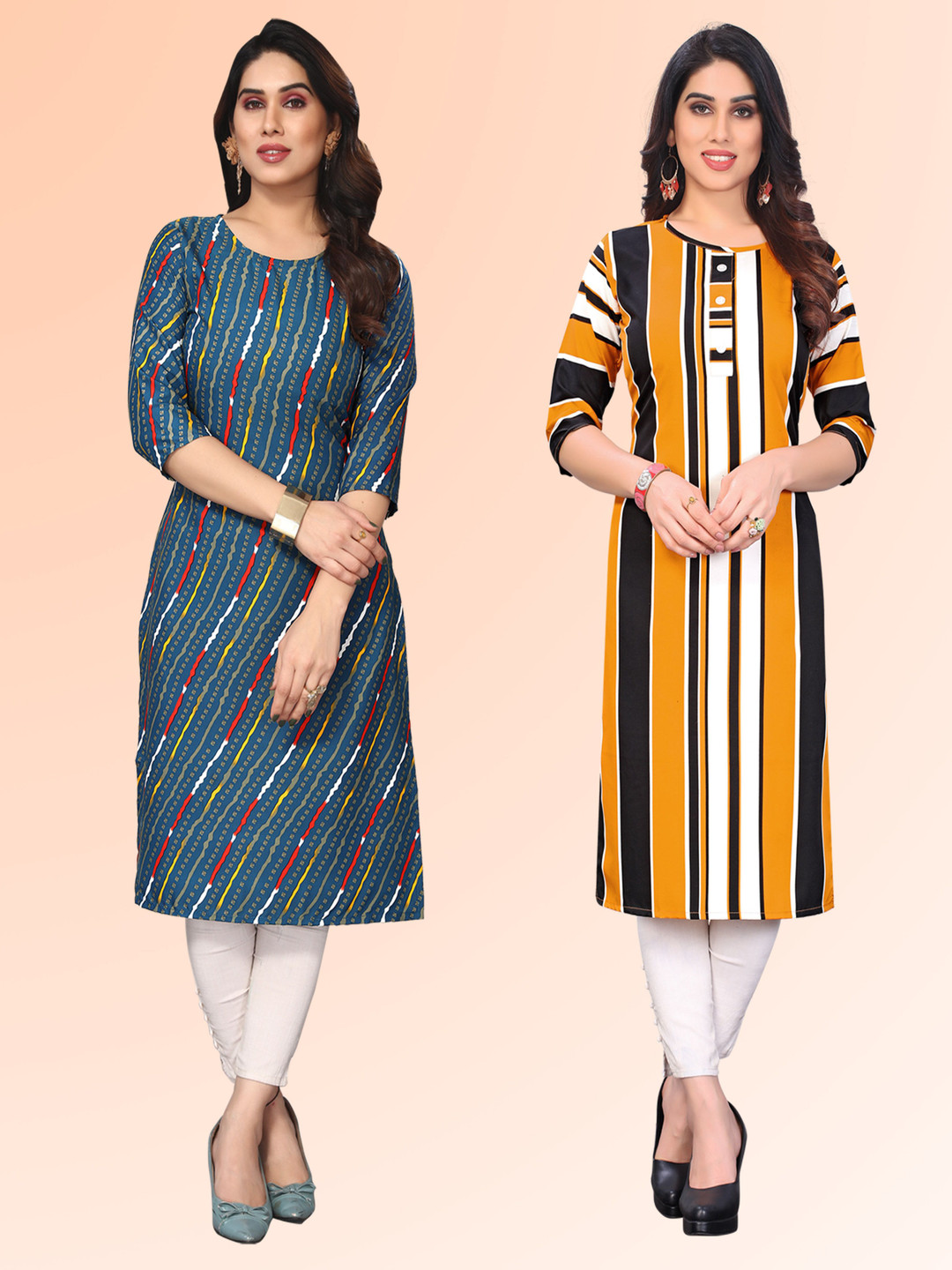 

KETAKI FASHION Selection Of 2 Striped Printed Round Neck Kurtas, Blue