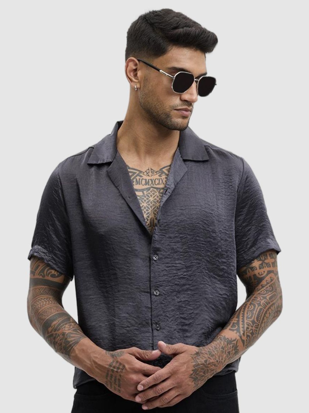 

Snitch Men Relaxed Fit Cuban Collar Textured Casual Shirt, Charcoal