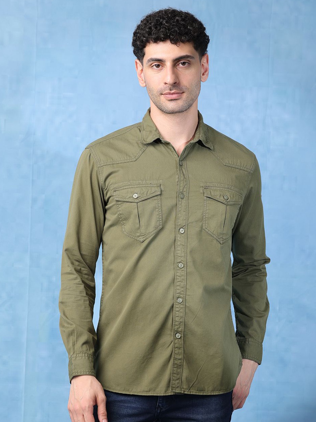 

RIGS AND RAGS Men Classic Fit Spread Collar Solid Cotton Casual Shirt, Olive