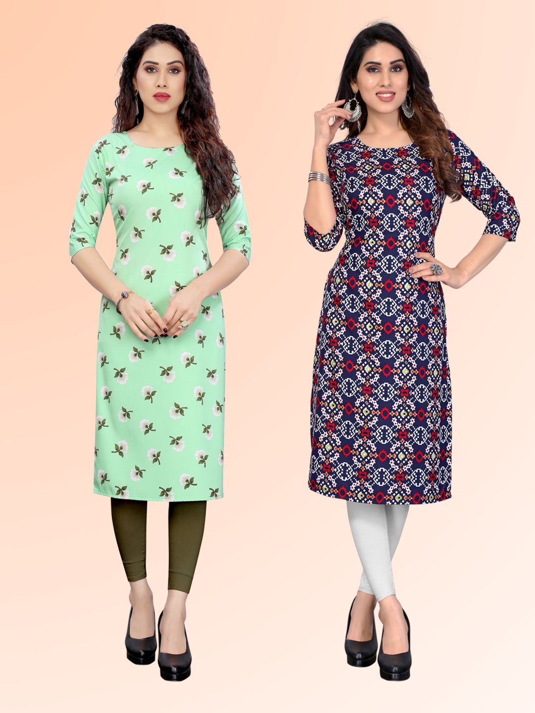 

KETAKI FASHION Selection Of 2 Floral Printed Round Neck Straight Kurtas, Green