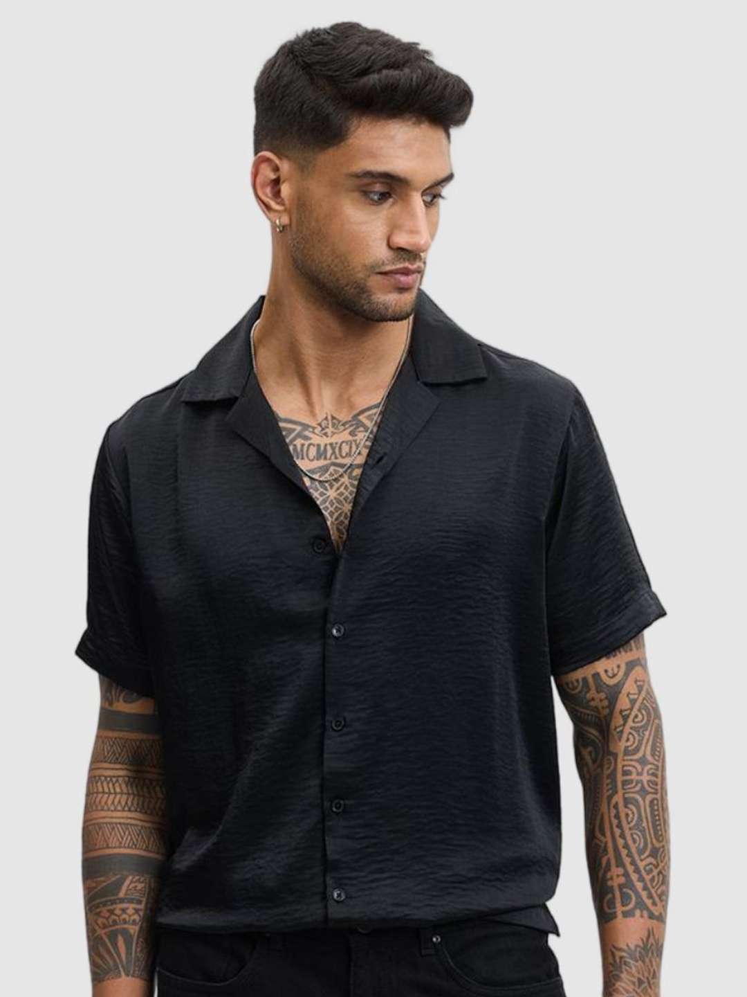 

Snitch Men Relaxed Fit Cuban Collar Textured Casual Shirt, Black