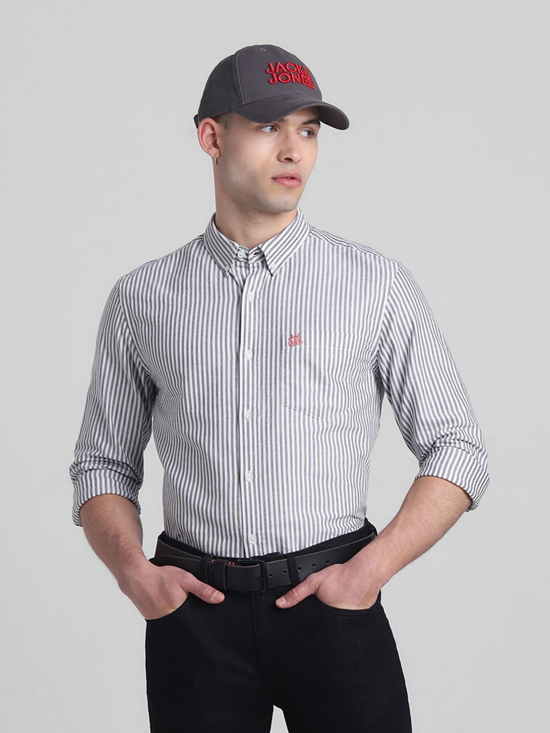 

Jack & Jones Men Button-Down Collar Multi Striped Cotton Casual Shirt, Grey