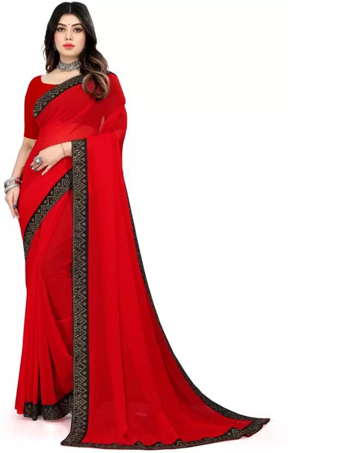 

SAADHVI Beads and Stones Pure Georgette Saree, Red