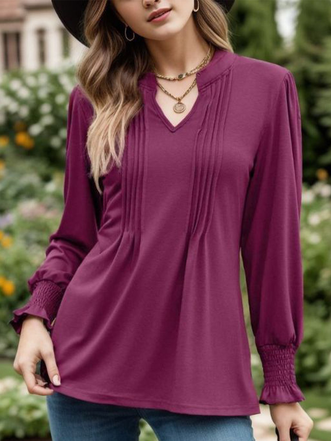 

StyleCast Women Bishop Sleeves Longline Cotton Top, Purple