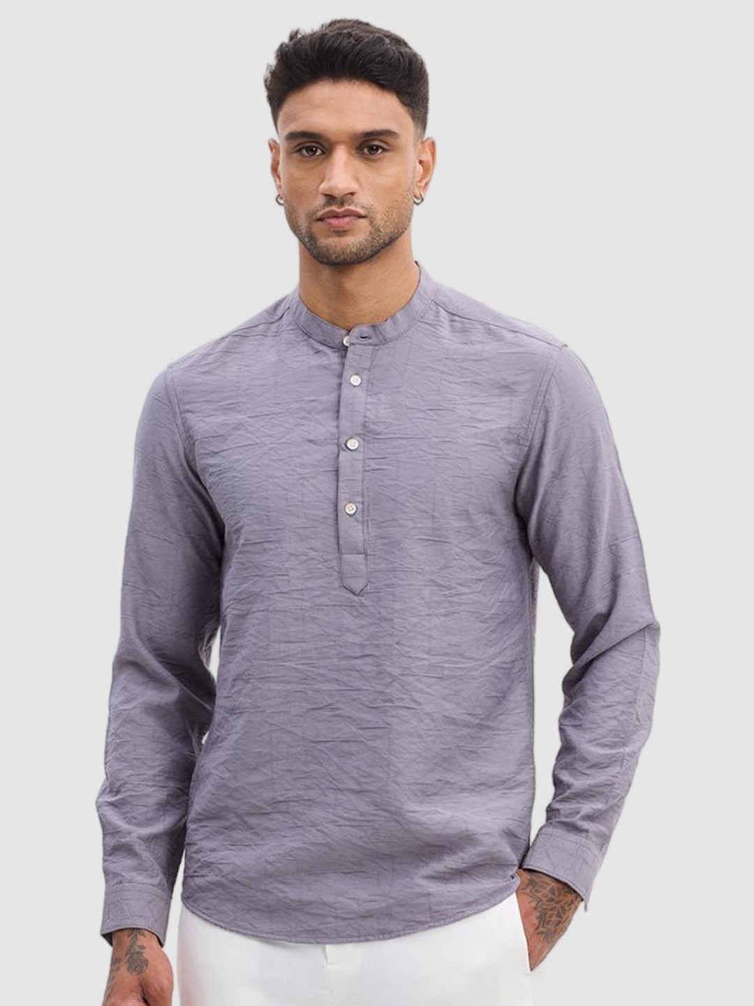 

Snitch Men Smart Fit Band Collar Textured Casual Shirt, Grey