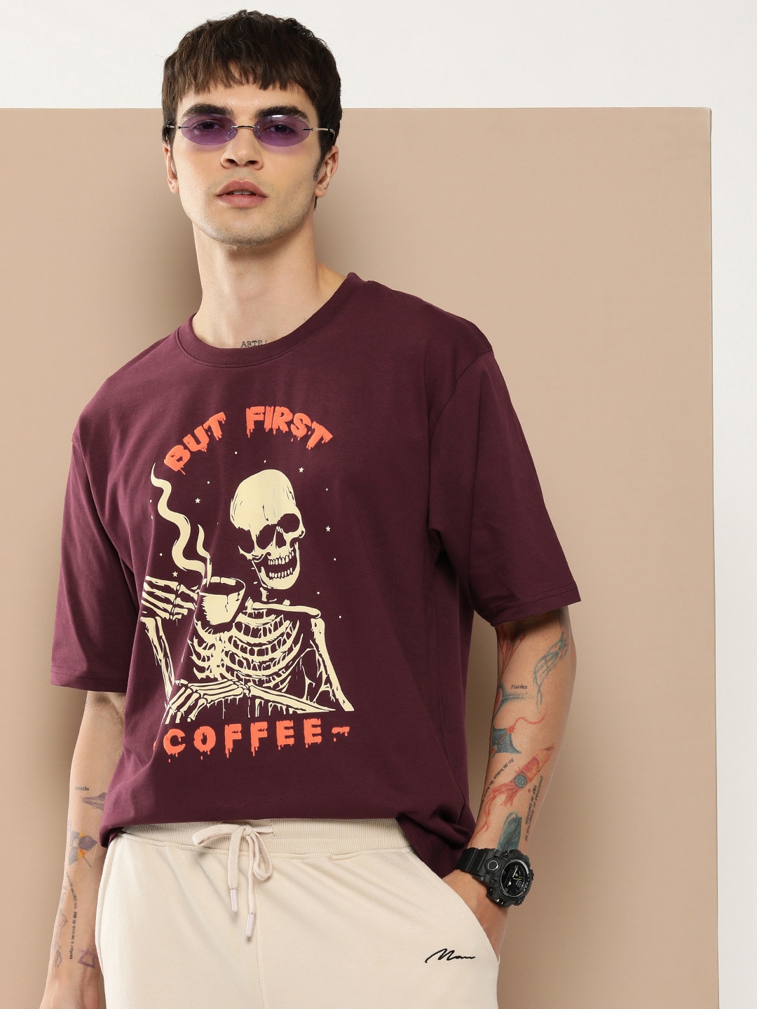 

Difference of Opinion Men Graphic Printed Embossed Oversized T-shirt, Maroon