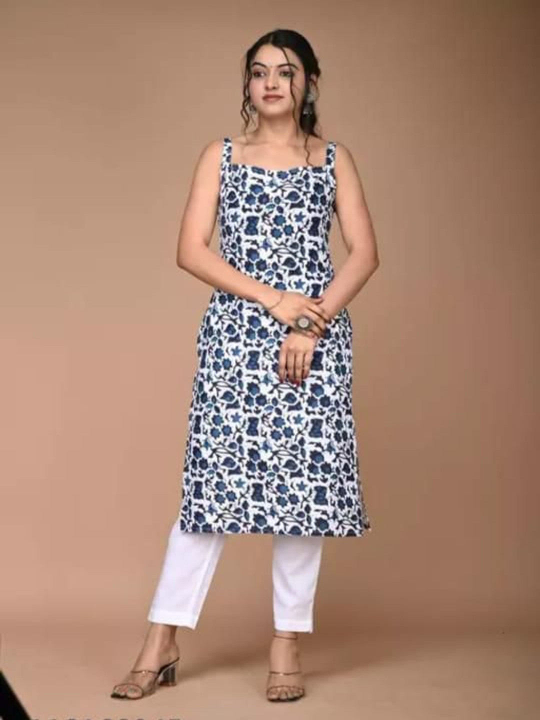

AARYAHI Floral Printed Shoulder Straps Neck Straight Kurta With Trouser, Blue