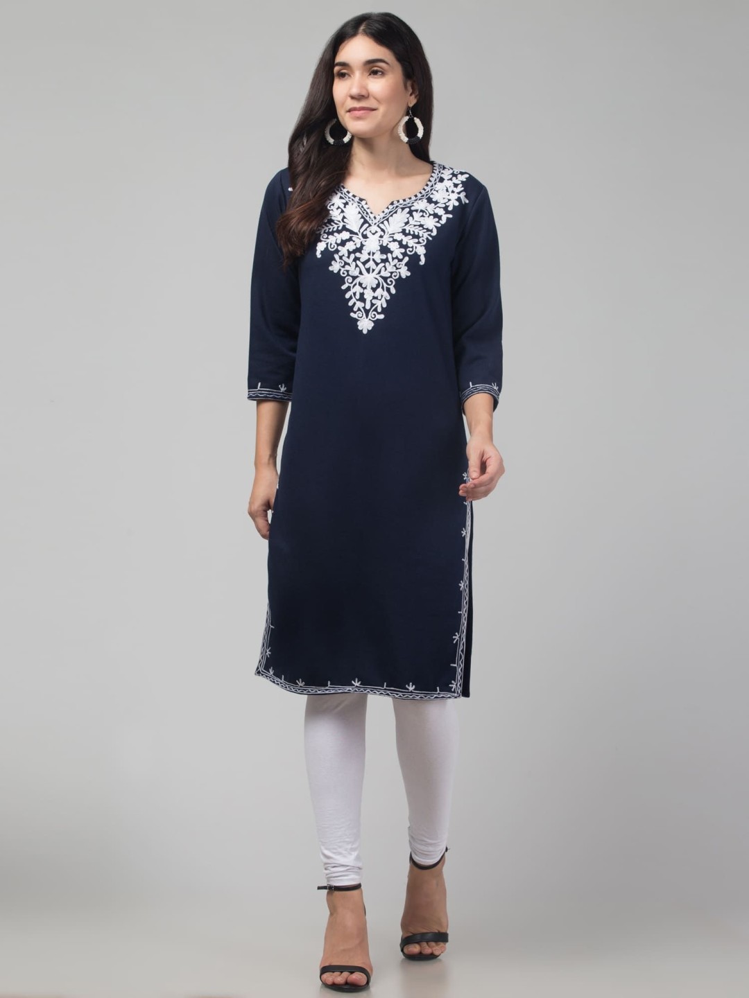 

FAMBEE Embroidered Notch Neck Woolen Straight Kurta, Navy blue