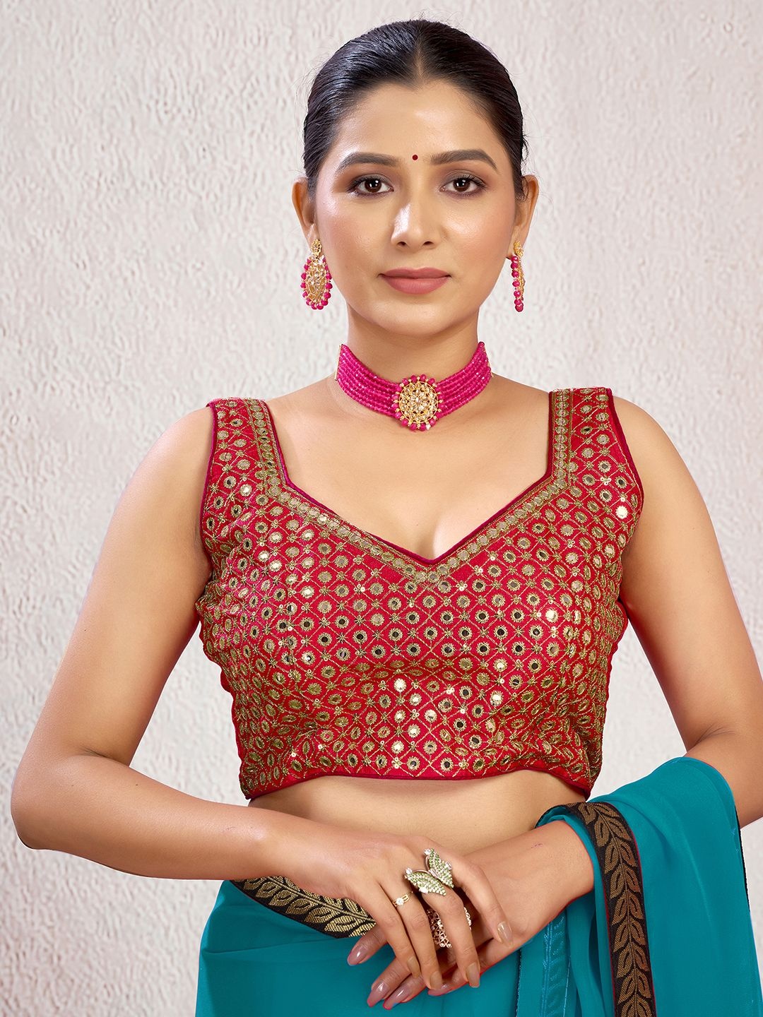 

KALINI Embellished Sweetheart Neck Sleeveless Silk Saree Blouse, Red