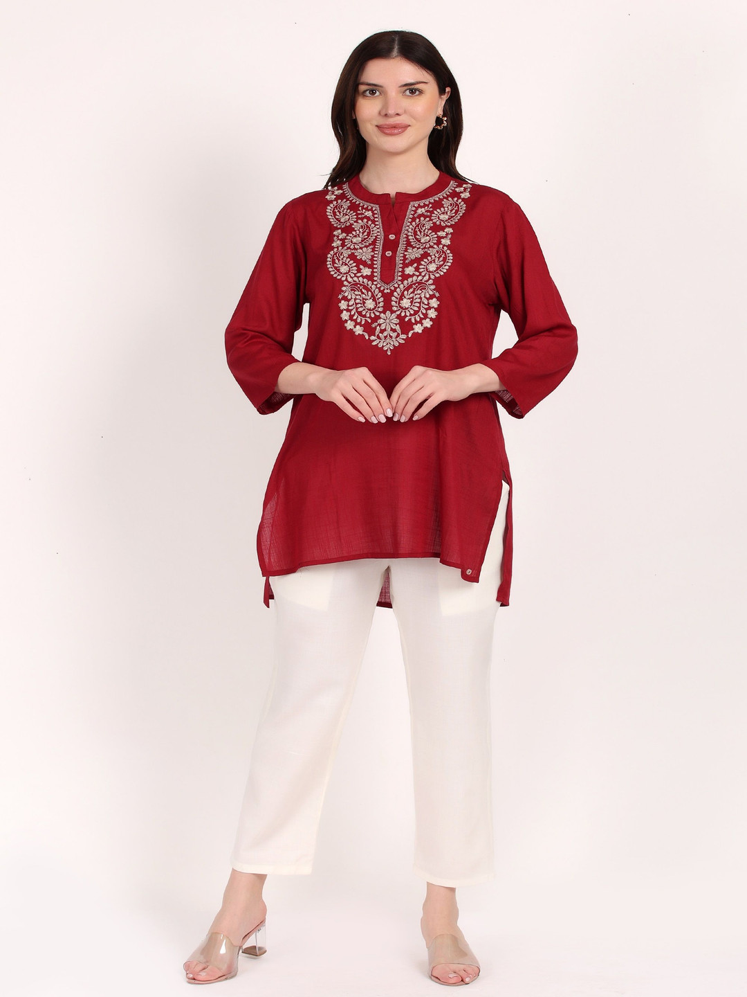 

Yadya Threads Ethnic Motifs Embroidered Mandarin Collar High-Low Kurti, Maroon