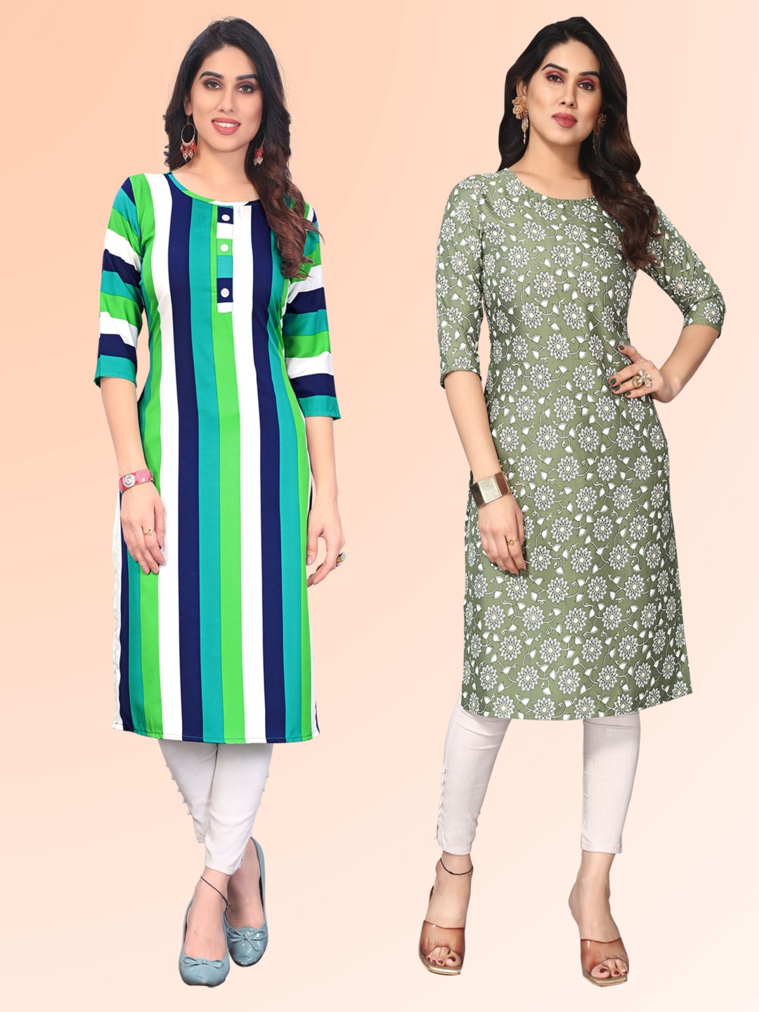 

KETAKI FASHION Selection of 2 Striped Round Neck Straight Kurtas, Green