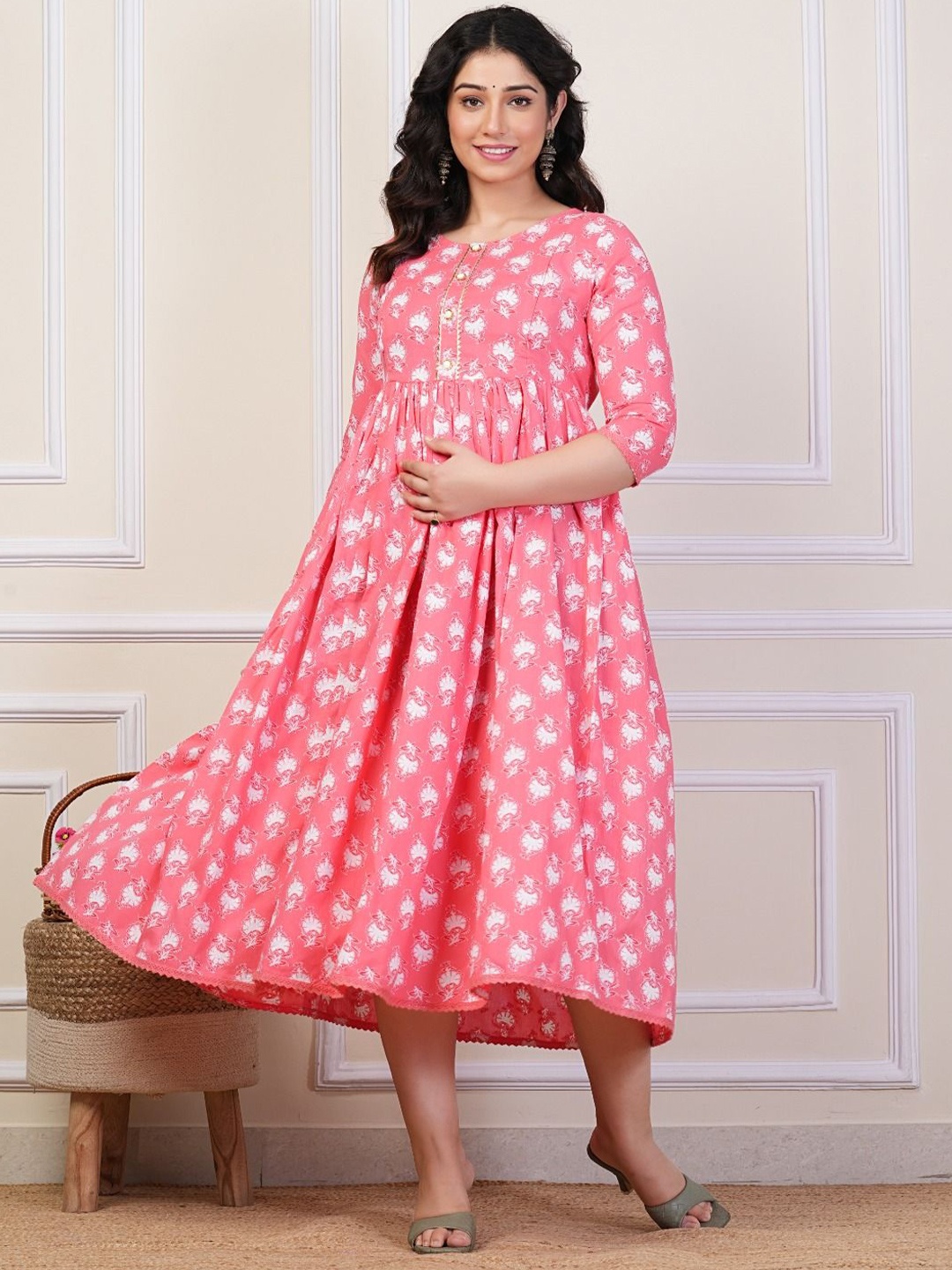 

Pristyle Women Floral Printed Maternity Fit & Flare Midi Dress, Peach