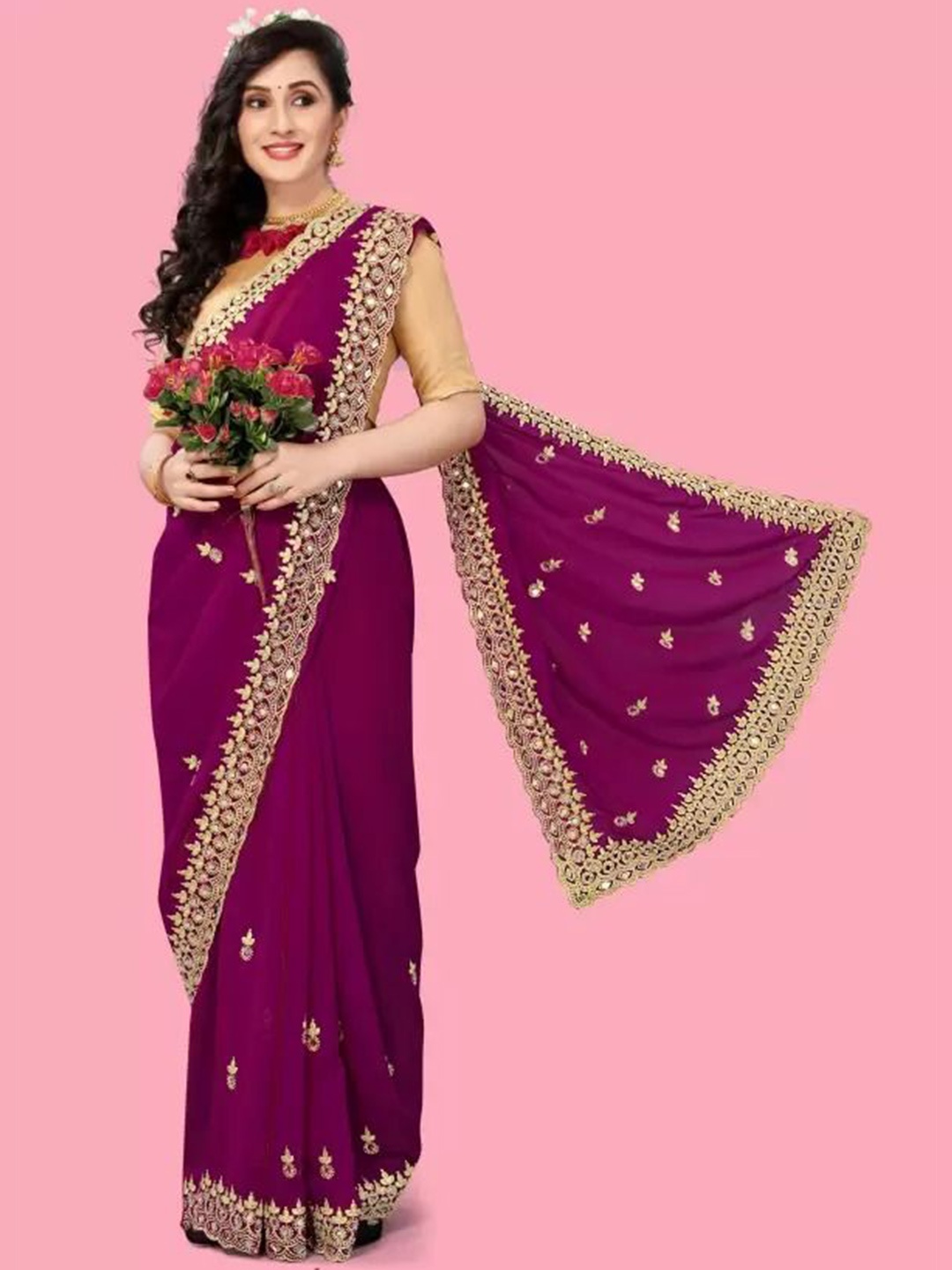 

SAADHVI Ethnic Motifs Embroidered Mirror Work Pure Georgette Saree, Burgundy