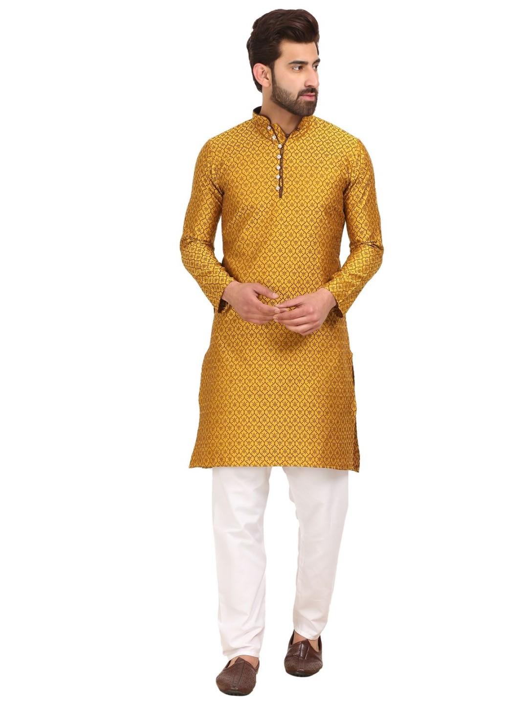 

Larwa Ethnic Motifs Woven Design Mandarin Collar Jacquard Weave Kurta With Pyjama, Yellow