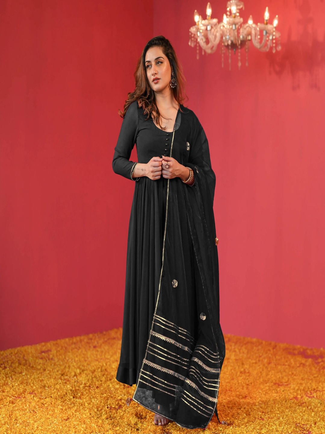 

GoSriKi Anarkali Scoop-Neck Kurta With Trousers And Dupatta, Black