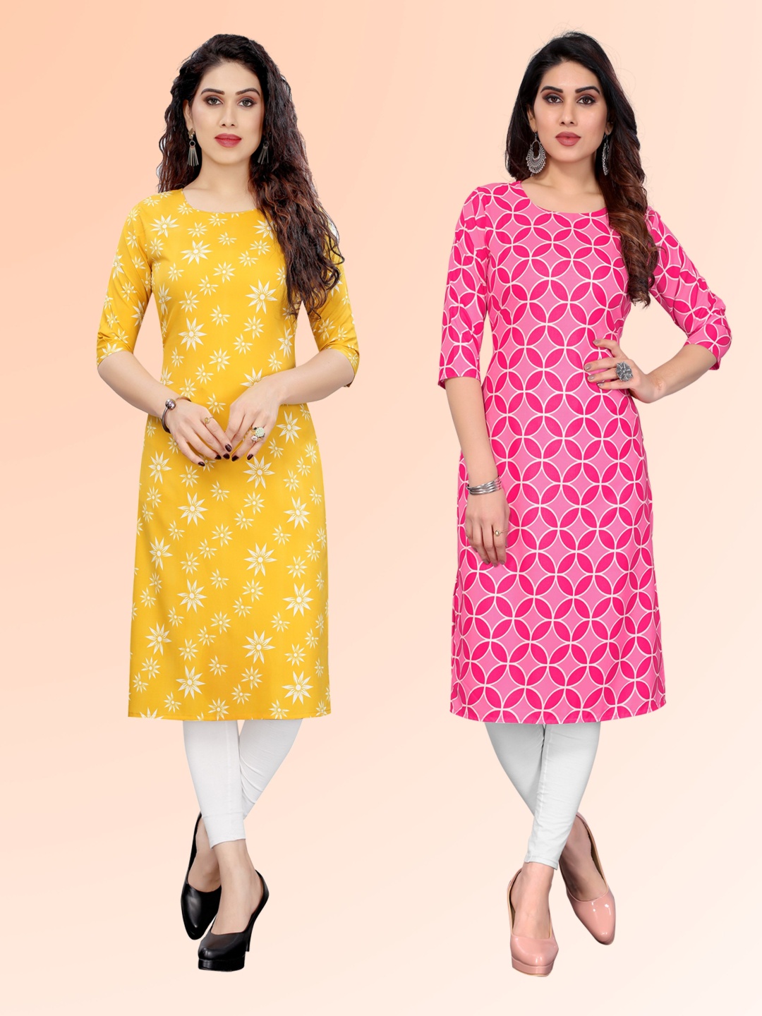 

KETAKI FASHION Selection Of 2 Floral Printed Round Neck Straight Kurtas, Yellow