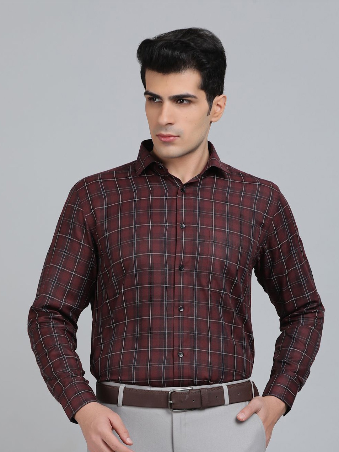 

Greenfibre Men Spread Collar Tartan Checked Cotton Formal Shirt, Maroon