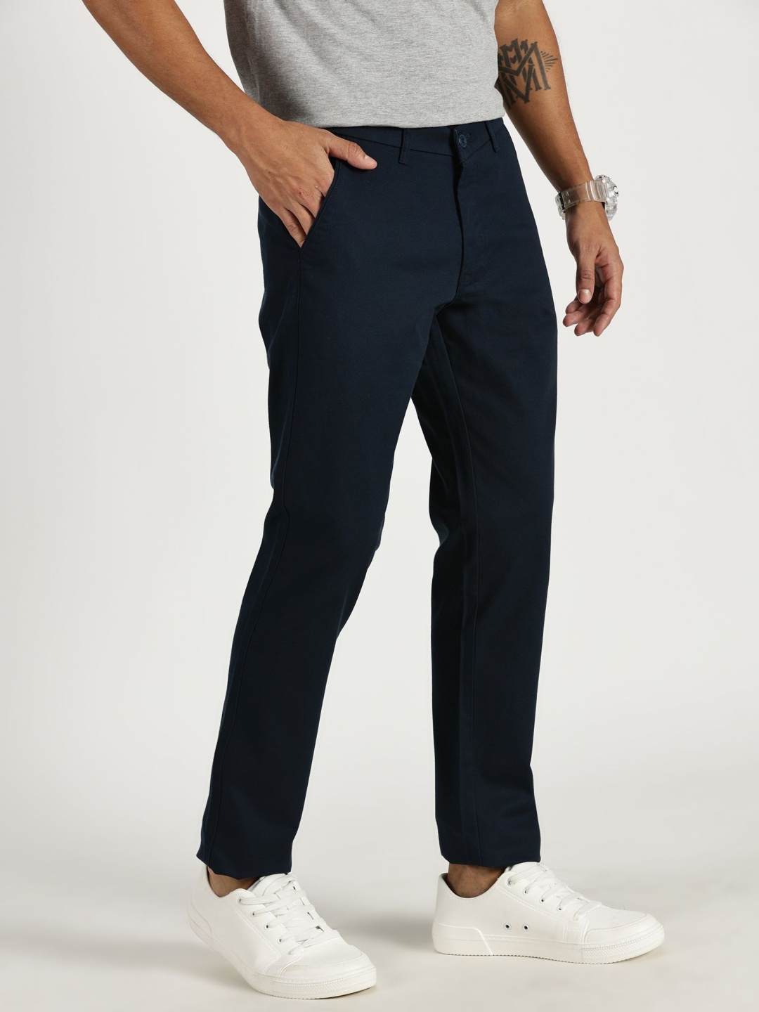 

RAVINIK Men Classic Straight Fit Trousers, Navy blue