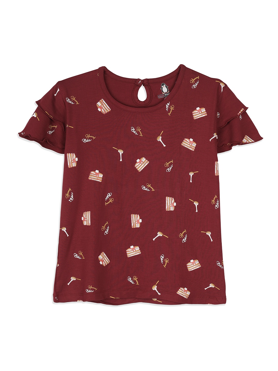 

CRAZYPENGUIN ELITE Girls Conversational Printed Pure Cotton Top, Maroon