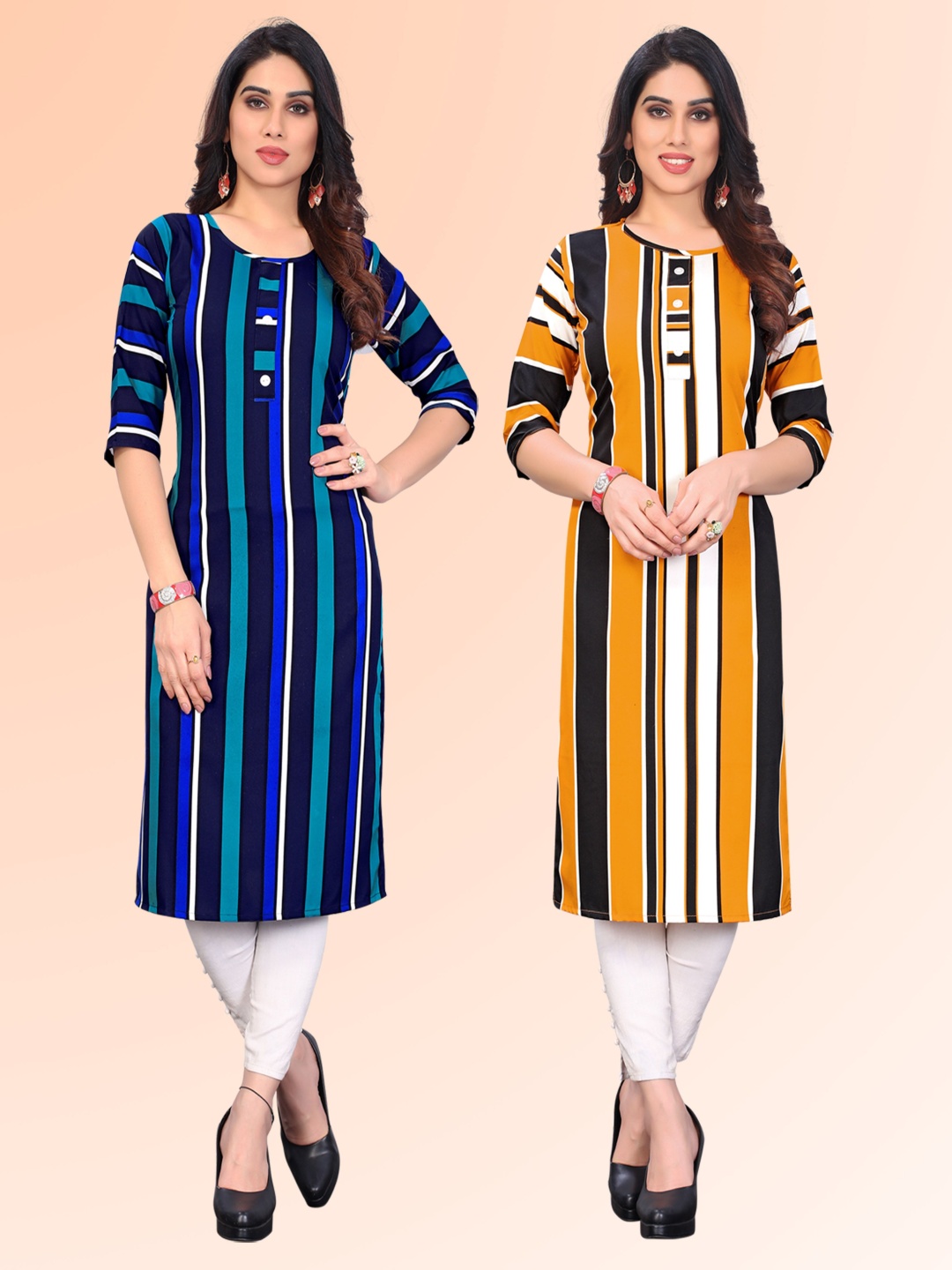 

KETAKI FASHION Selection Of 2 Striped Printed Round Neck Straight Kurtas, Blue