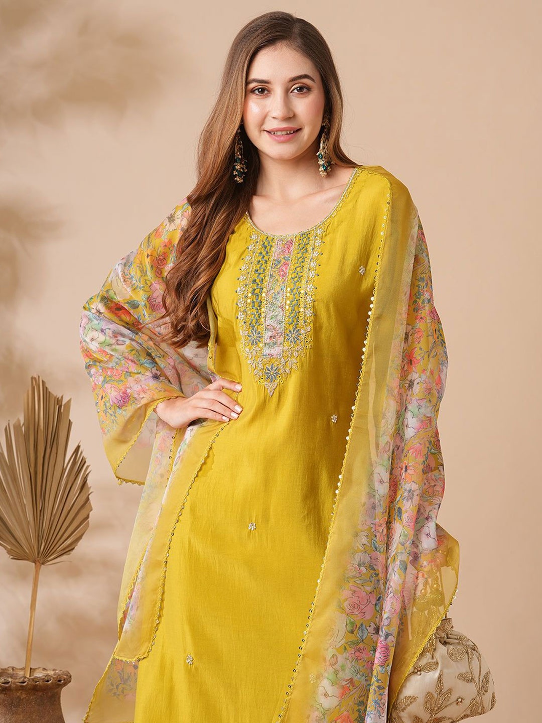 

SHREE KHODAL FASHION Women Floral Embroidered Sequinned Kurta With Trousers & Dupatta, Yellow