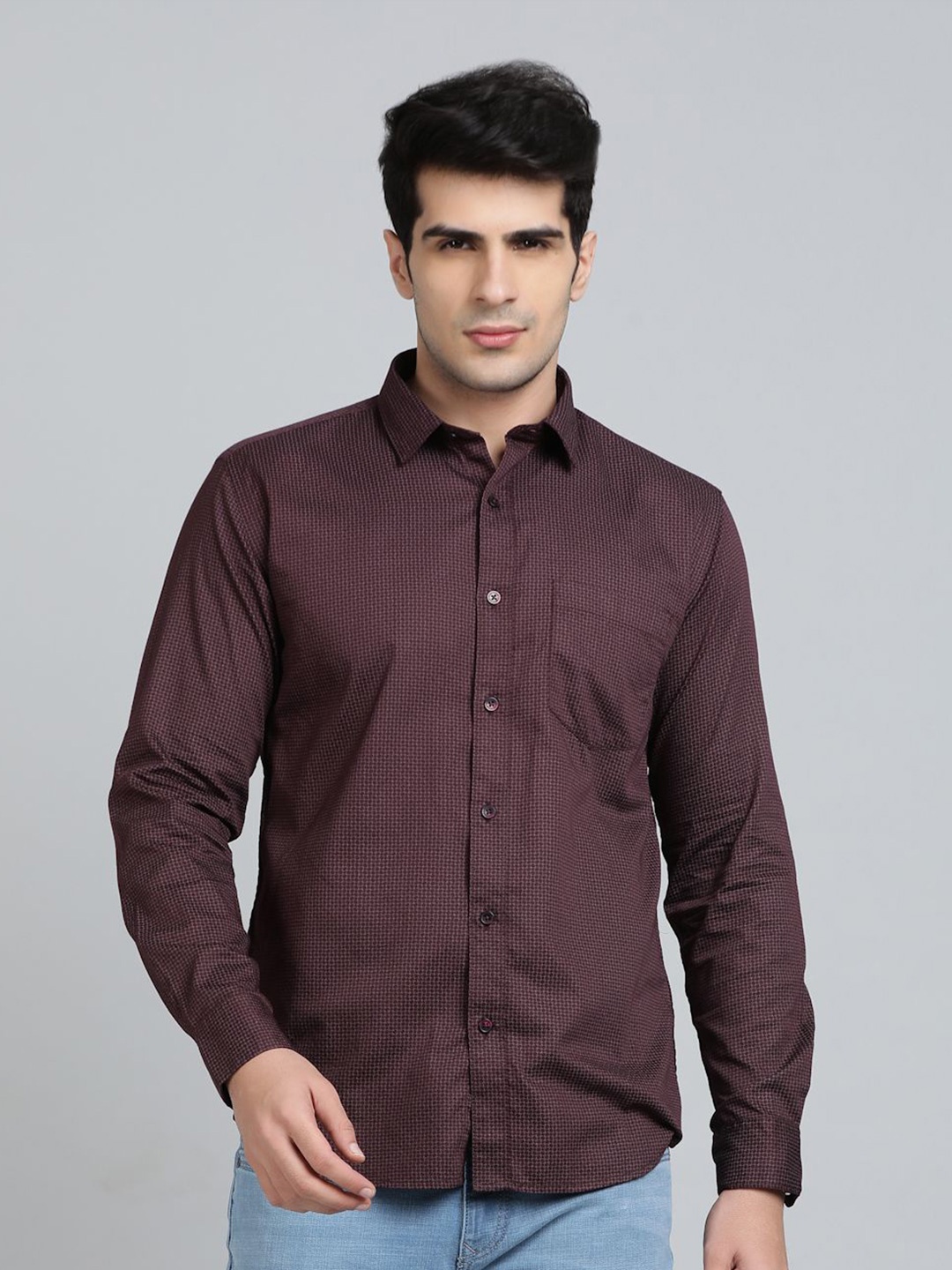 

Greenfibre Men Spread Collar Micro Ditsy Printed Cotton Casual Shirt, Maroon