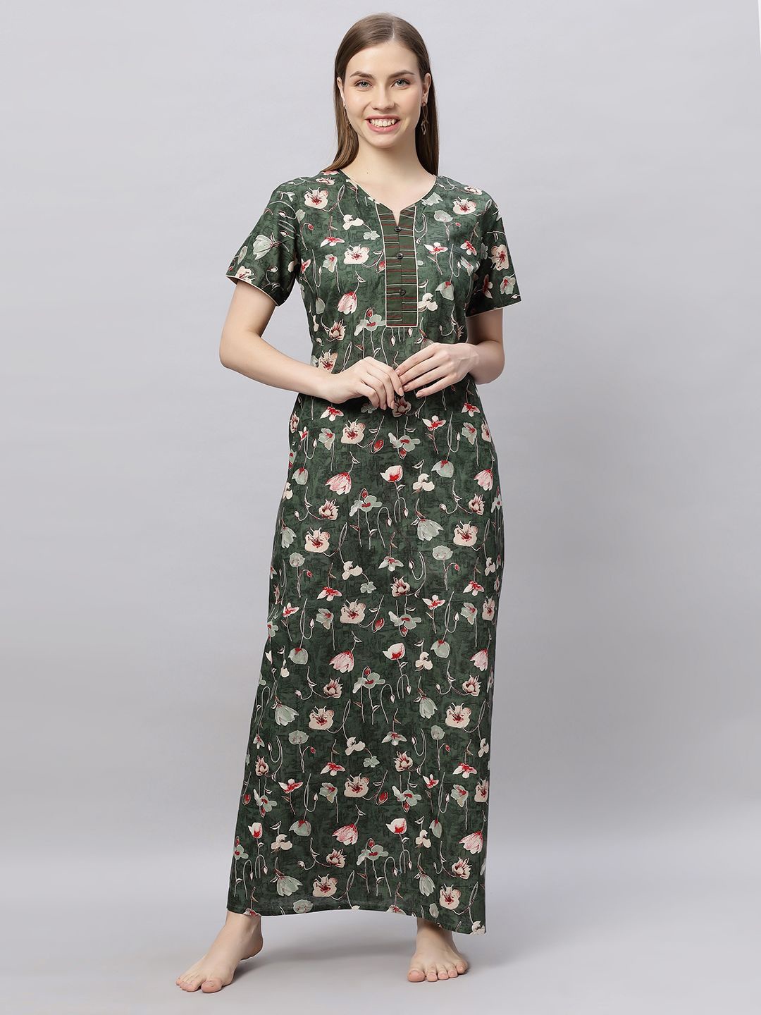 

QUIRA Women Floral Printed Maxi Nightdress, Green