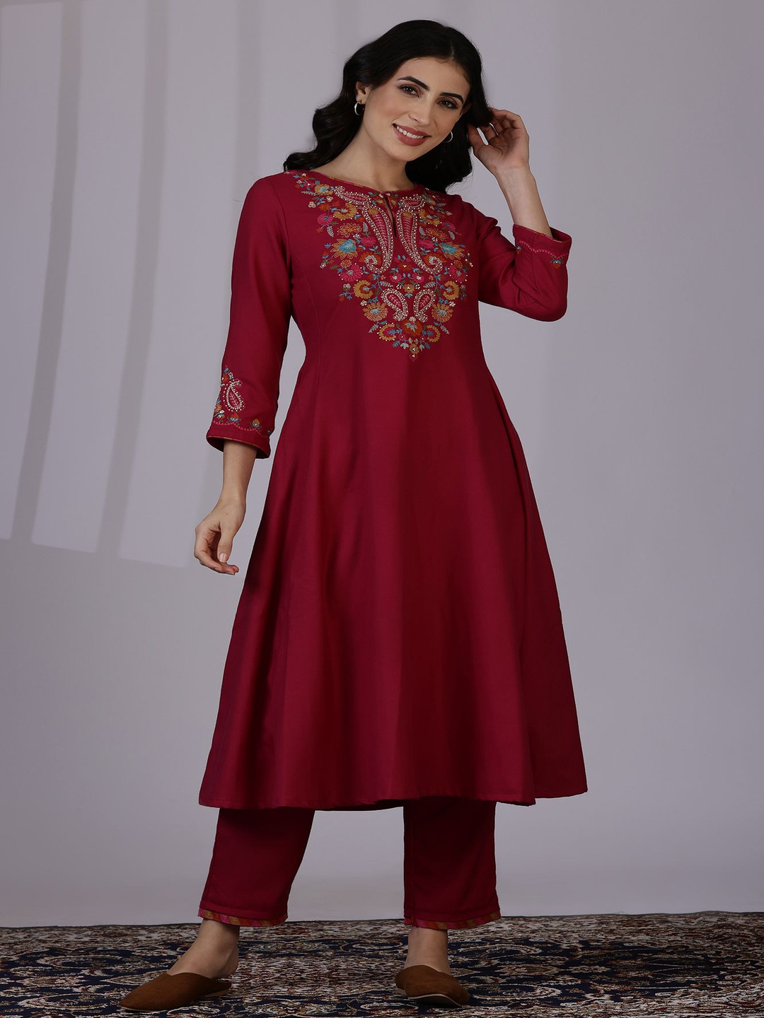

W Women Floral Embroidered Keyhole Neck A-Line Kurta With Trouser, Maroon