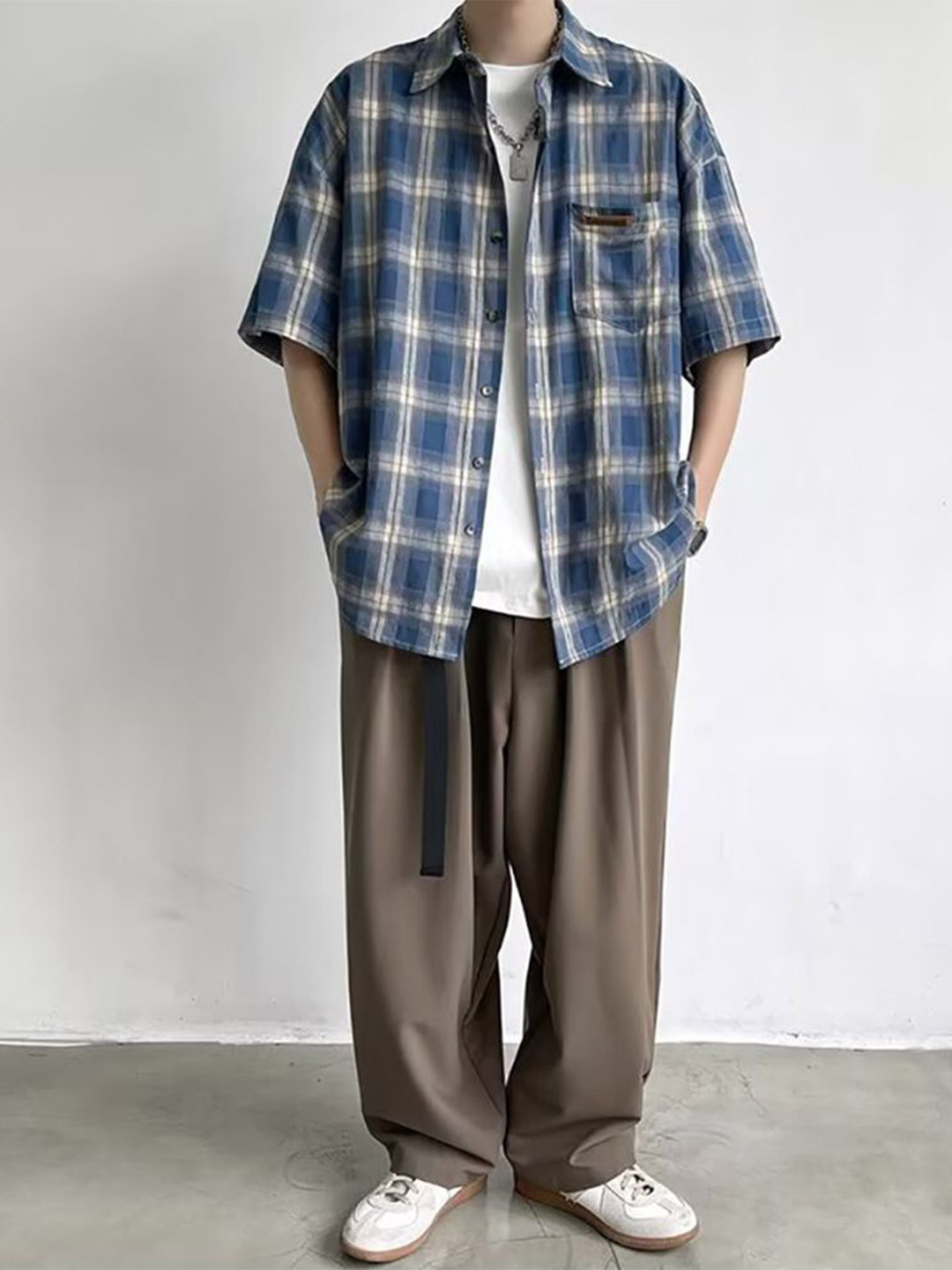 

StyleCast x Revolte Men Oversized Fit Spread Collar Tartan Checked Casual Shirt, Blue