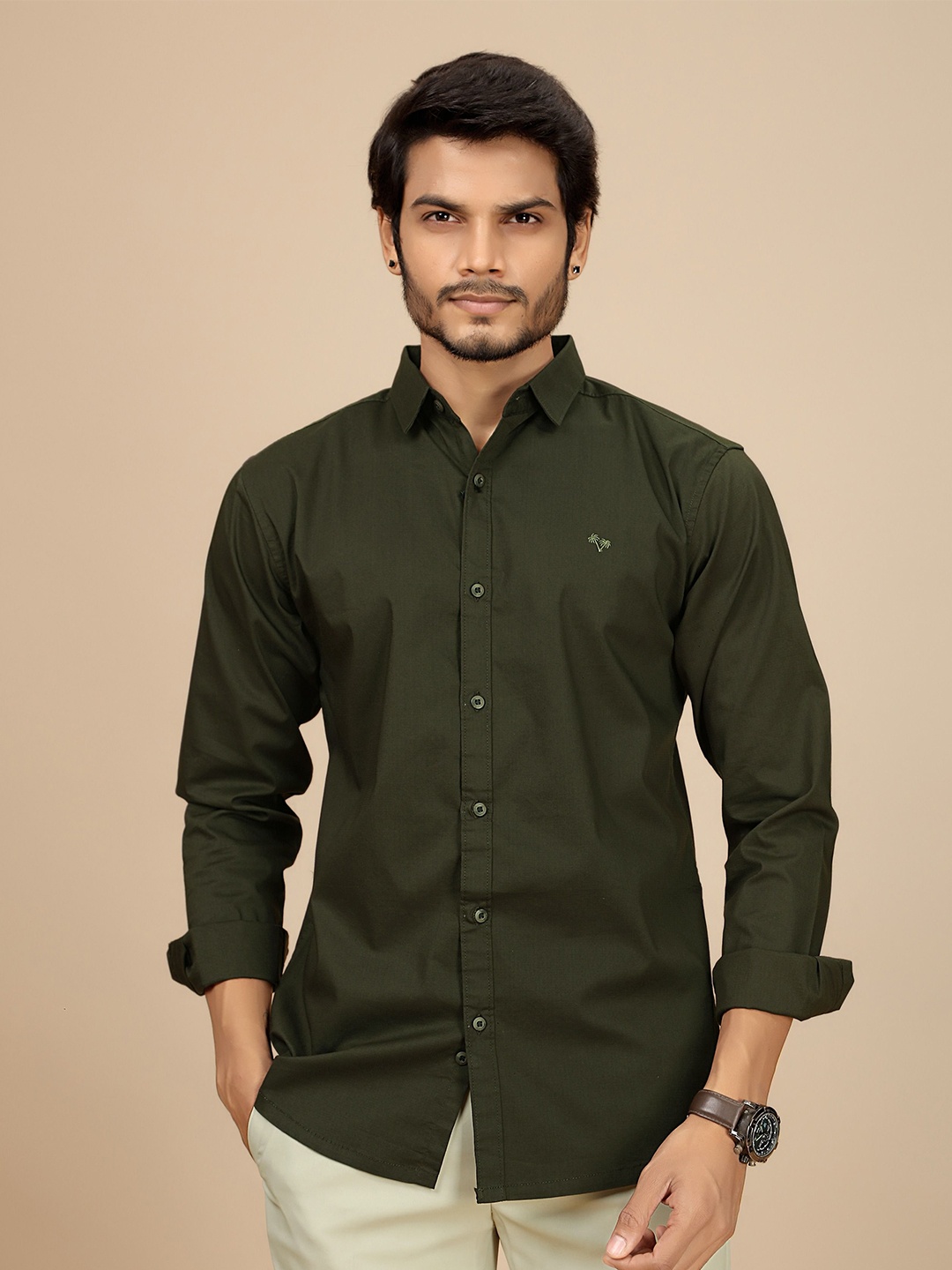 

JOSE N POSE Men Premium Tailored Fit Spread Collar Solid Cotton Casual Shirt, Green