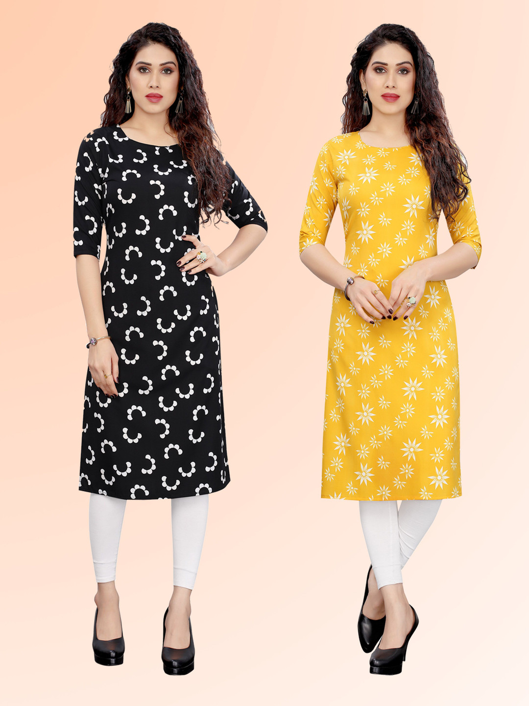 

KETAKI FASHION Selection Of 2 Abstract Round Neck Straight Kurtas, Black