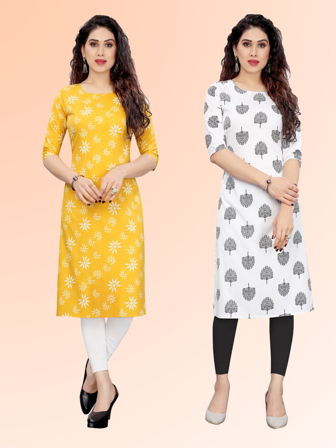 

KETAKI FASHION Selection Of 2 Floral Printed Round Neck Straight Kurtas, Yellow