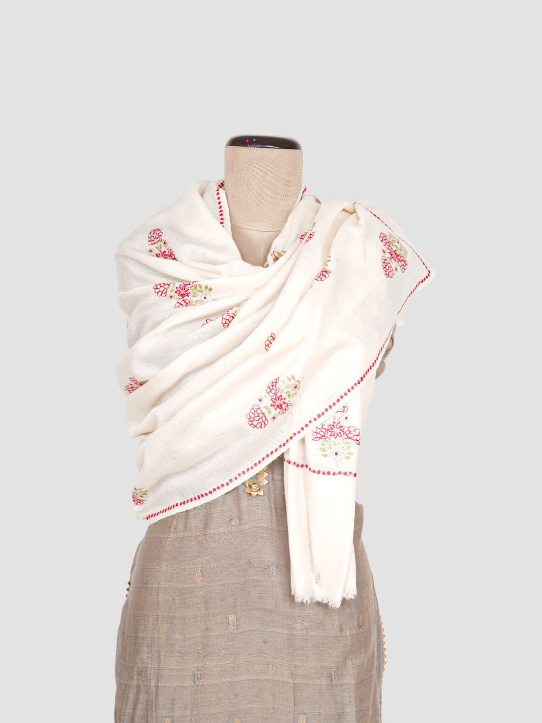

Tiara A Majestic Pairing of Tradition and Luxury Floral Embroidered Woollen Shawl, White