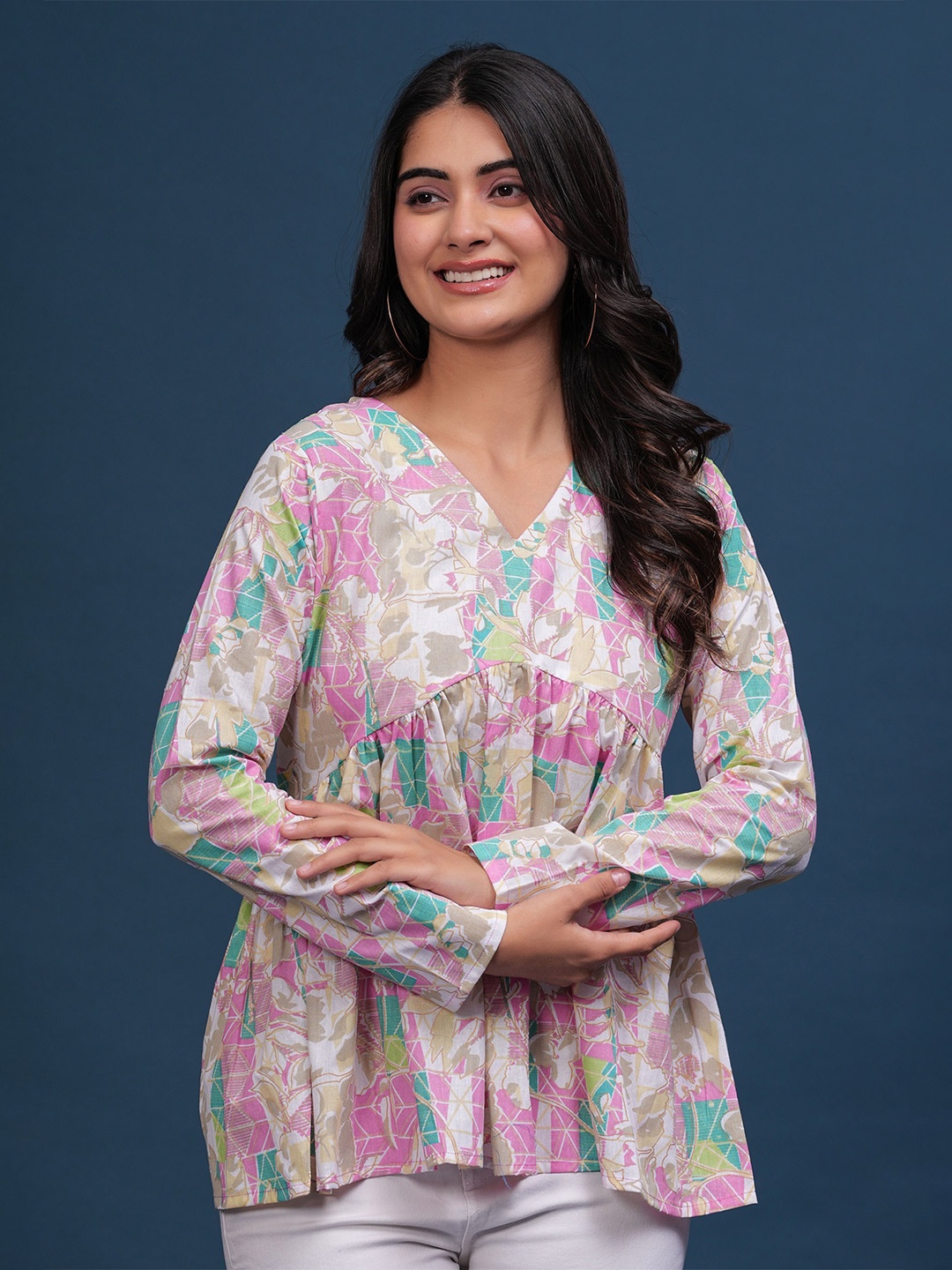 

PINGAKSH Women Floral Printed Cotton Empire Top, Pink