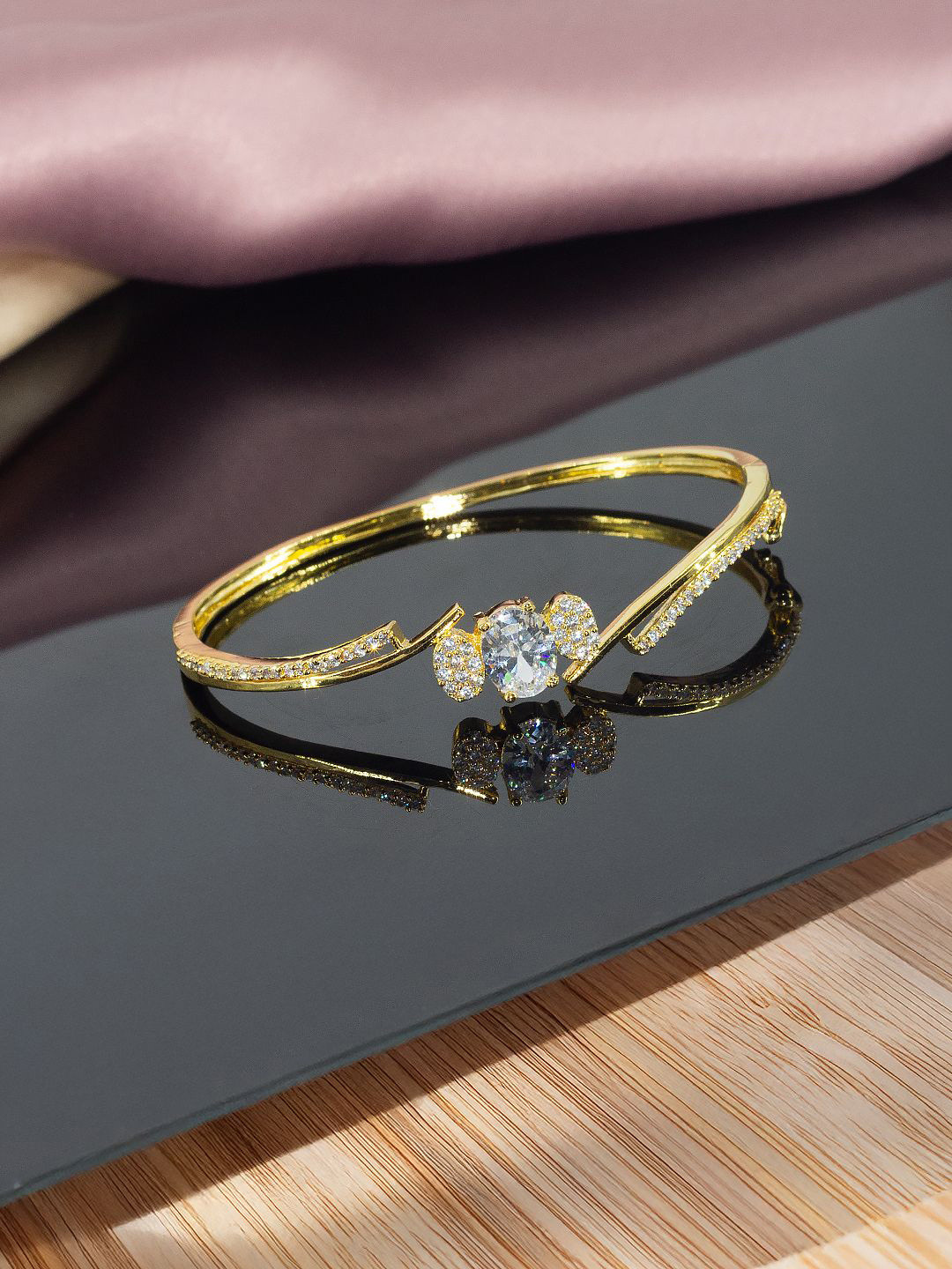 

PRIVIU Gold-Plated American Diamond Studded Bangle-Style Bracelet