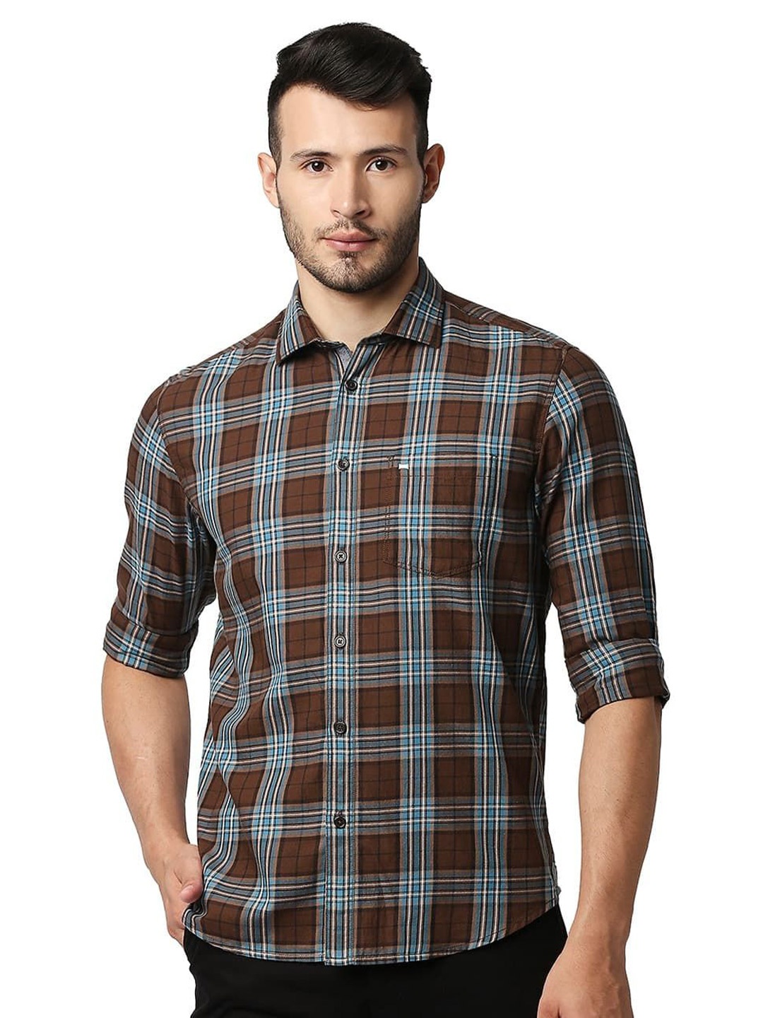 

Basics Men Slim Fit Spread Collar Tartan Checked Cotton Casual Shirt, Brown