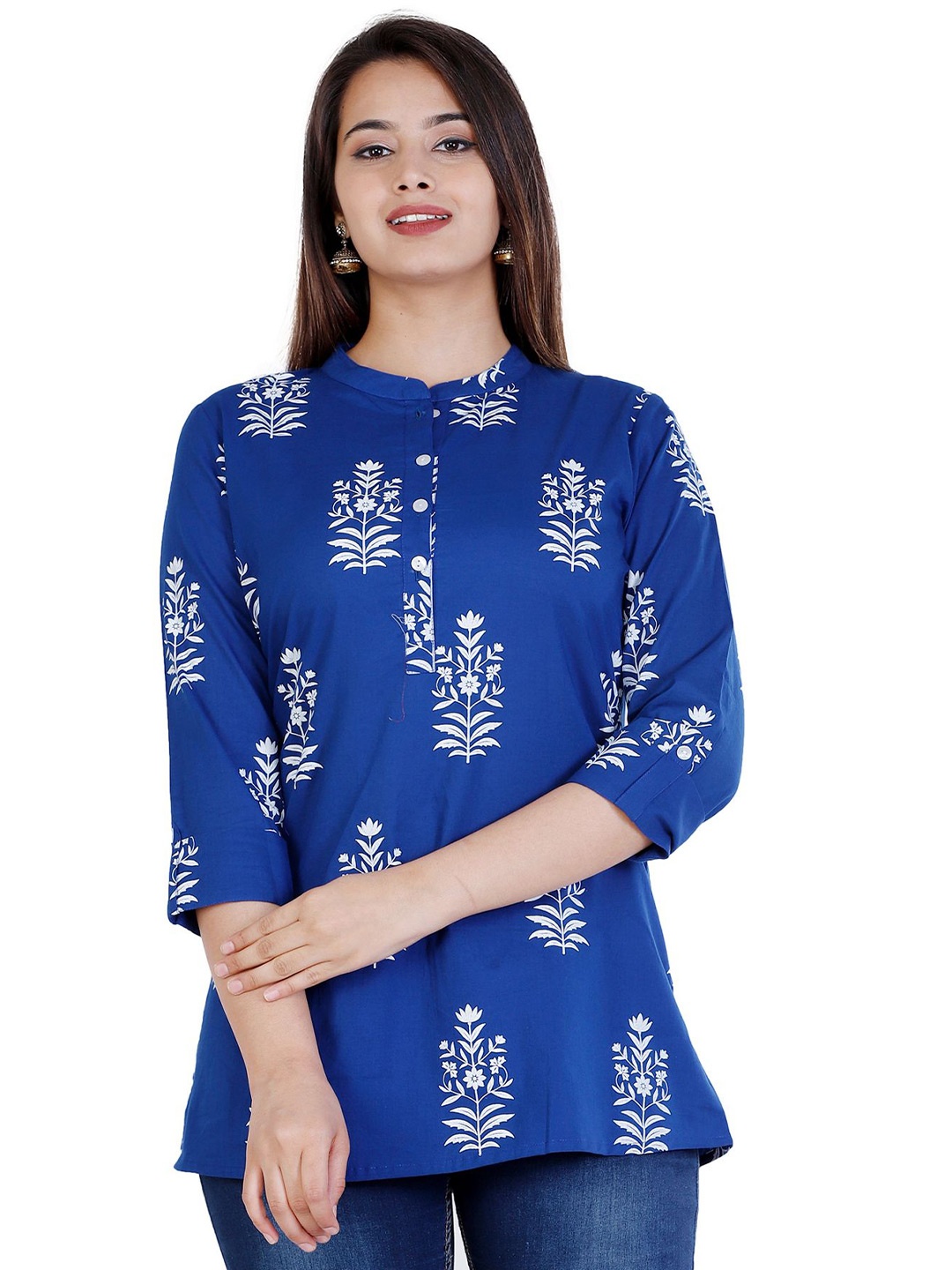 

NNAVDHA Floral Printed Mandarin Collar Cotton Top, Blue