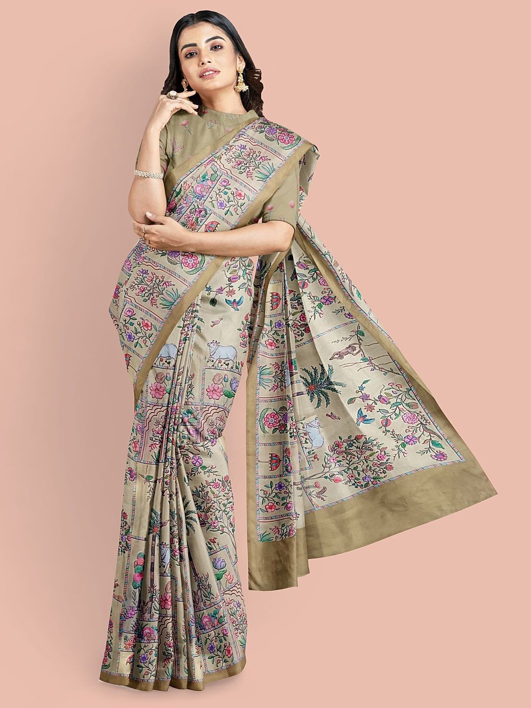 

Avyay Creation Kalamkari Printed Silk Crepe Saree, Beige