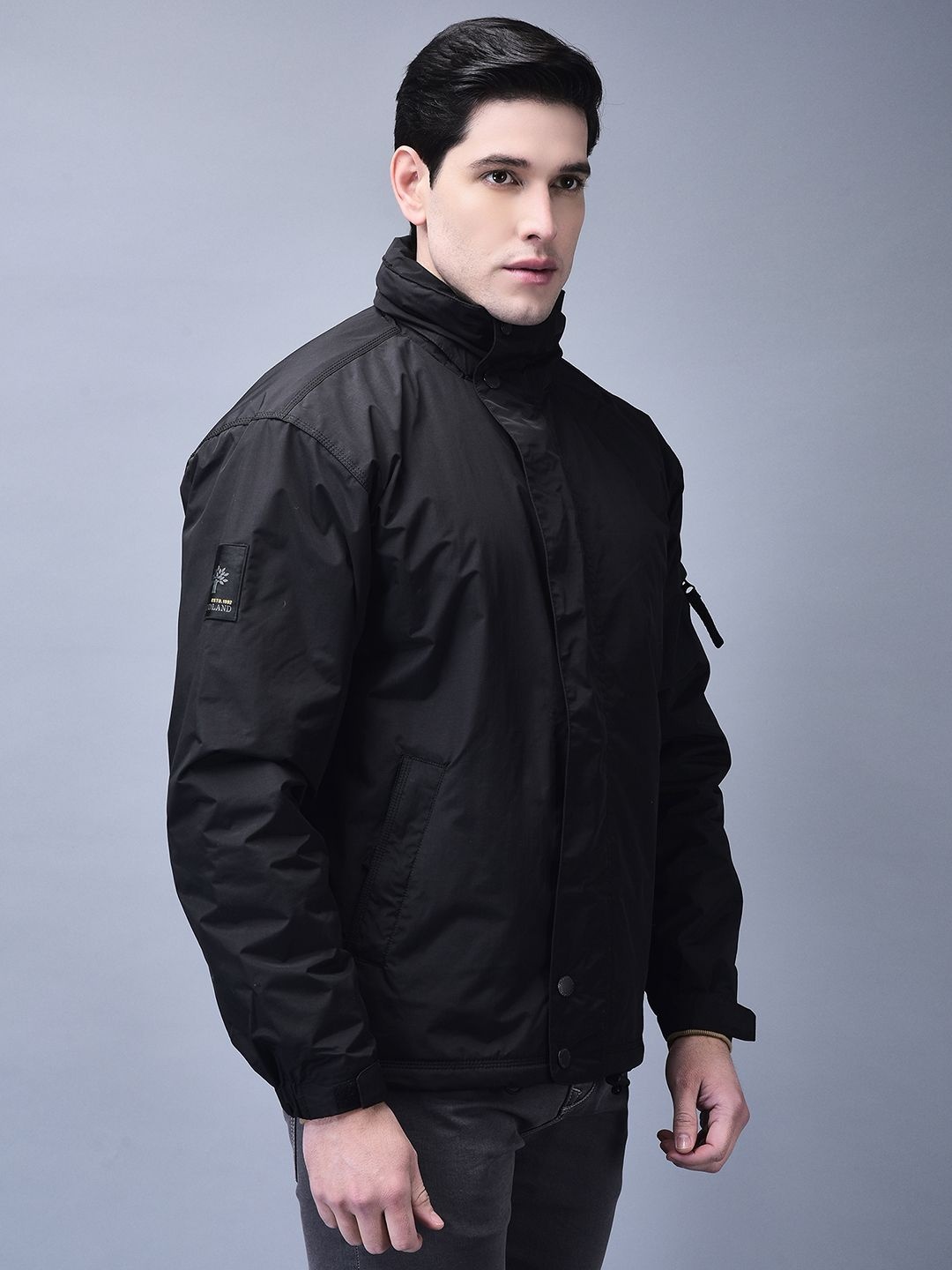 

Woodland Men Mandarin Collar Solid Casual Padded Water Resistant Jacket, Black