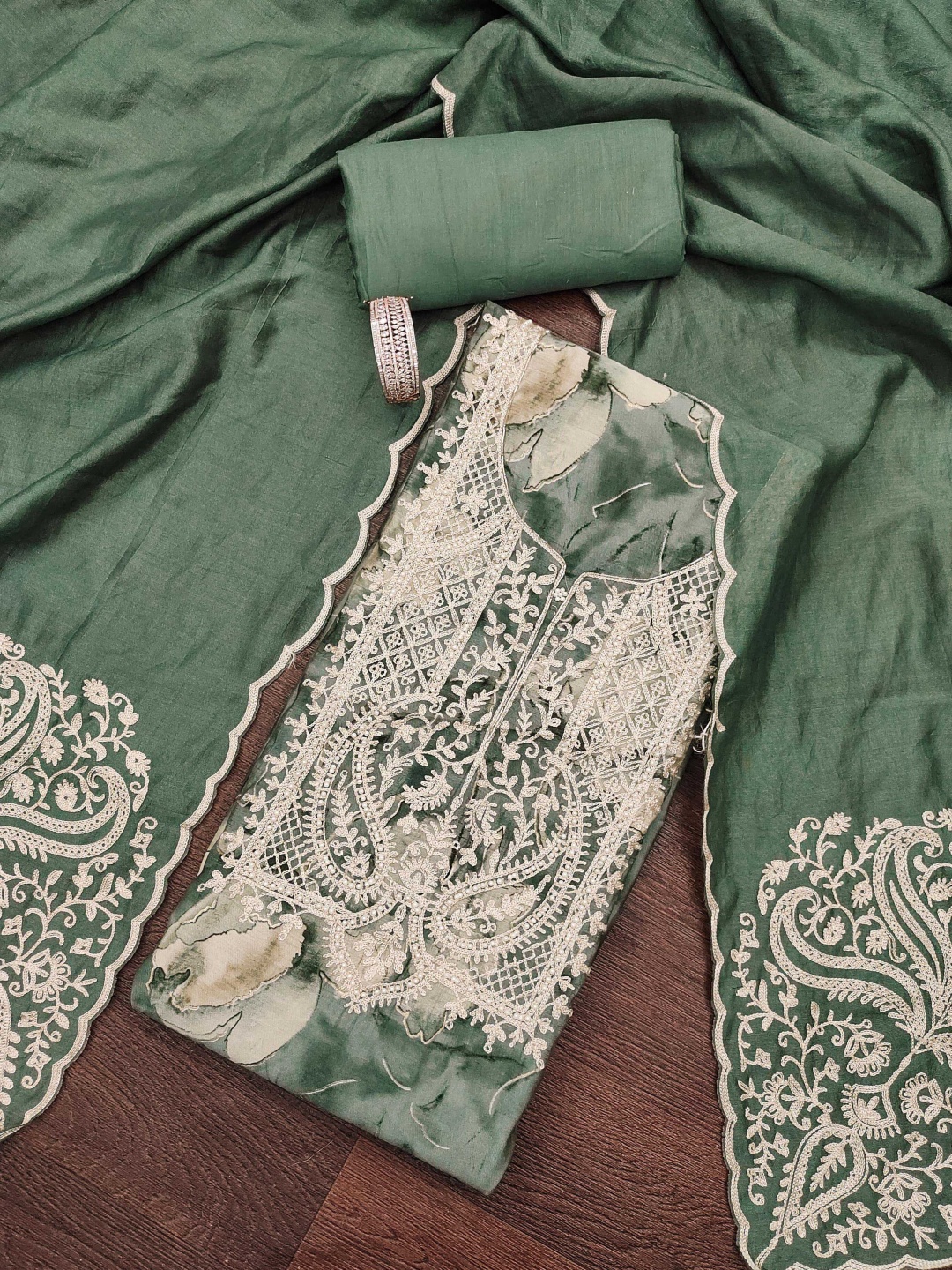 

MANVAA Floral Embroidered Beads and Stones Unstitched Dress Material, Sea green
